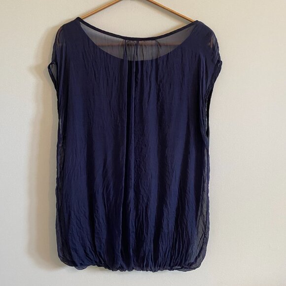 100% Silk Sheer Navy Blue Short Sleeve Blouse Loose Fitting Scoop Neck Billowing - Picture 5 of 11
